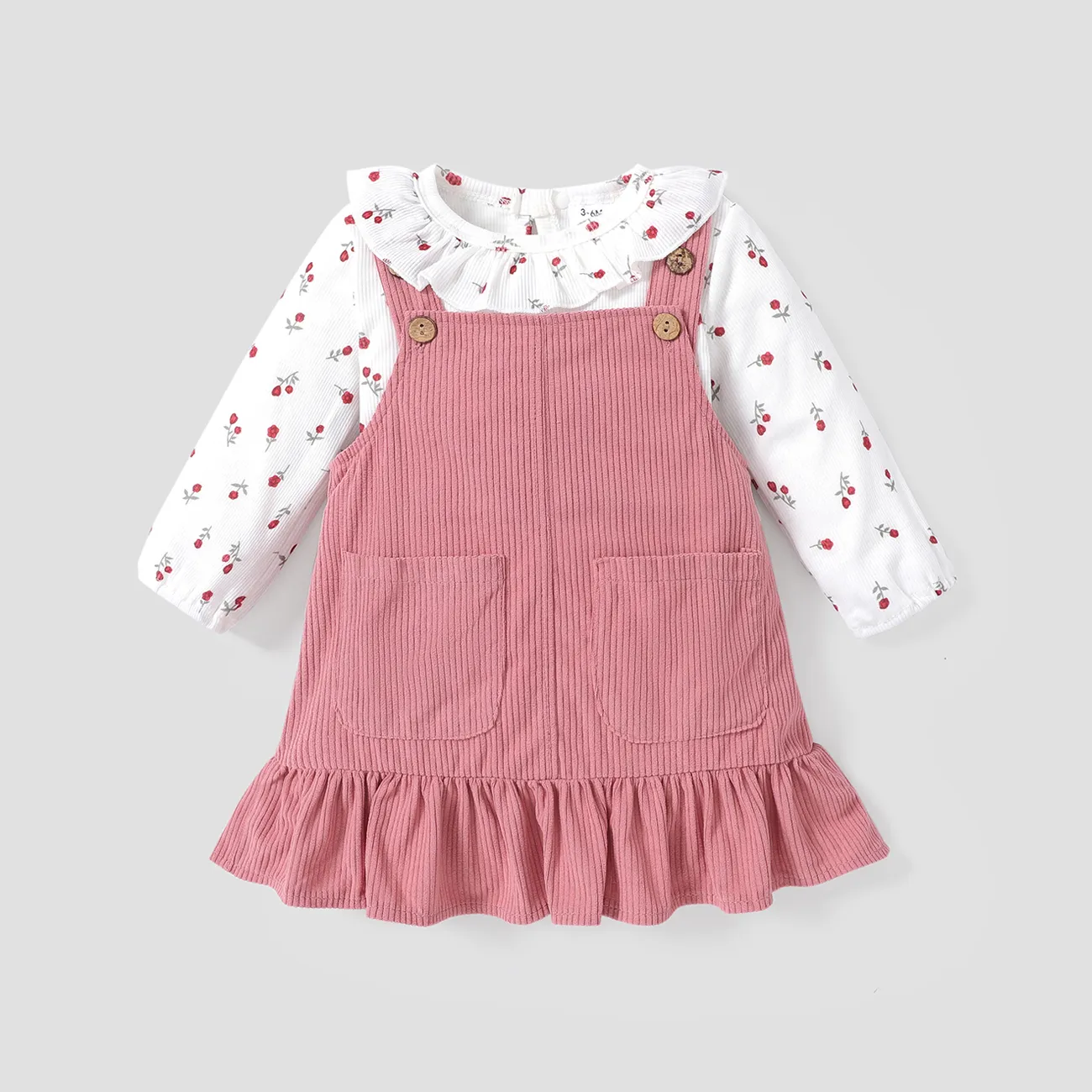 2pcs Baby Floral Print Ruffle Long-sleeve Corduroy Romper and Overall Dress Set  big image 1