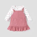 2pcs Baby Floral Print Ruffle Long-sleeve Corduroy Romper and Overall Dress Set Pink