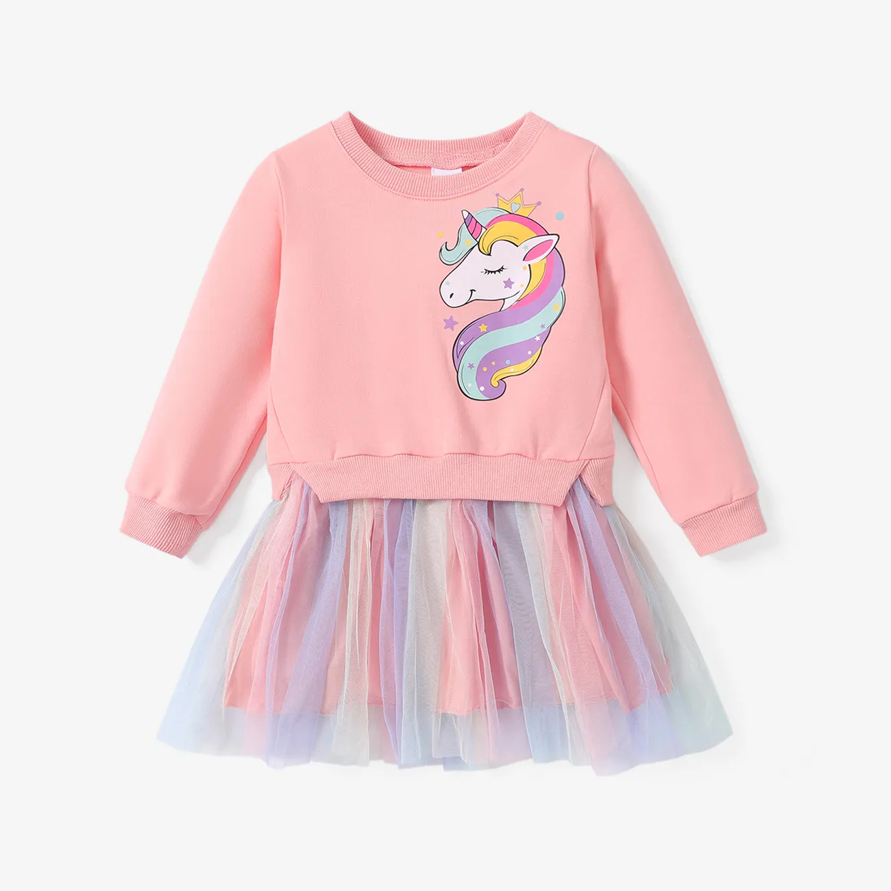 Toddler Girl Sweet Faux-two Unicorn Print Mesh Splice Fairy Dress Pink big image 1