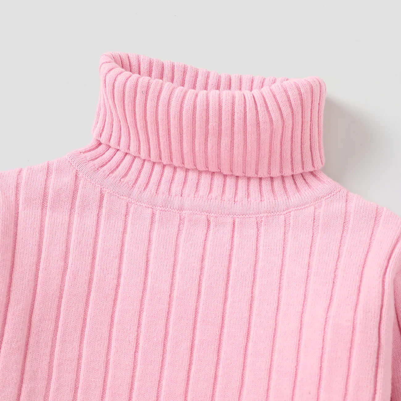 Kid Girl Solid Color Ribbed Turtleneck Sweater Pink big image 1