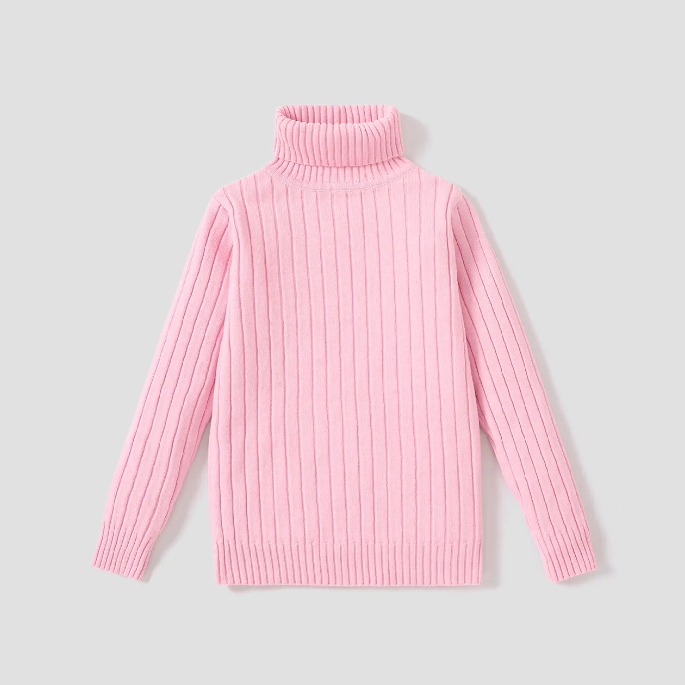 Kid Girl Solid Color Ribbed Turtleneck Sweater Pink