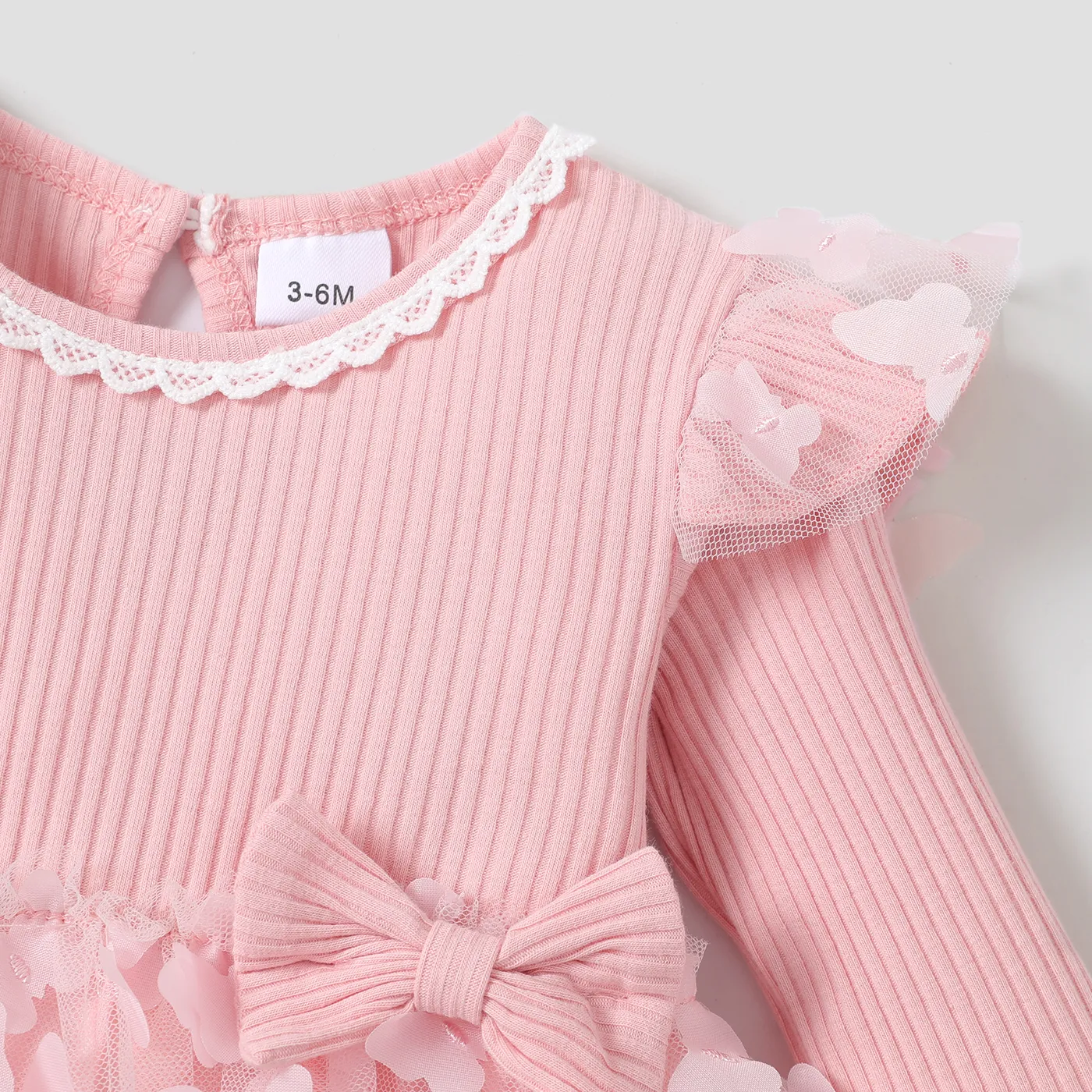 2pcs Baby Girl 95% Cotton Ribbed Long-sleeve Splicing 3D Butterfly Appliques Mesh Fairy Dress with Headband Set  image 4