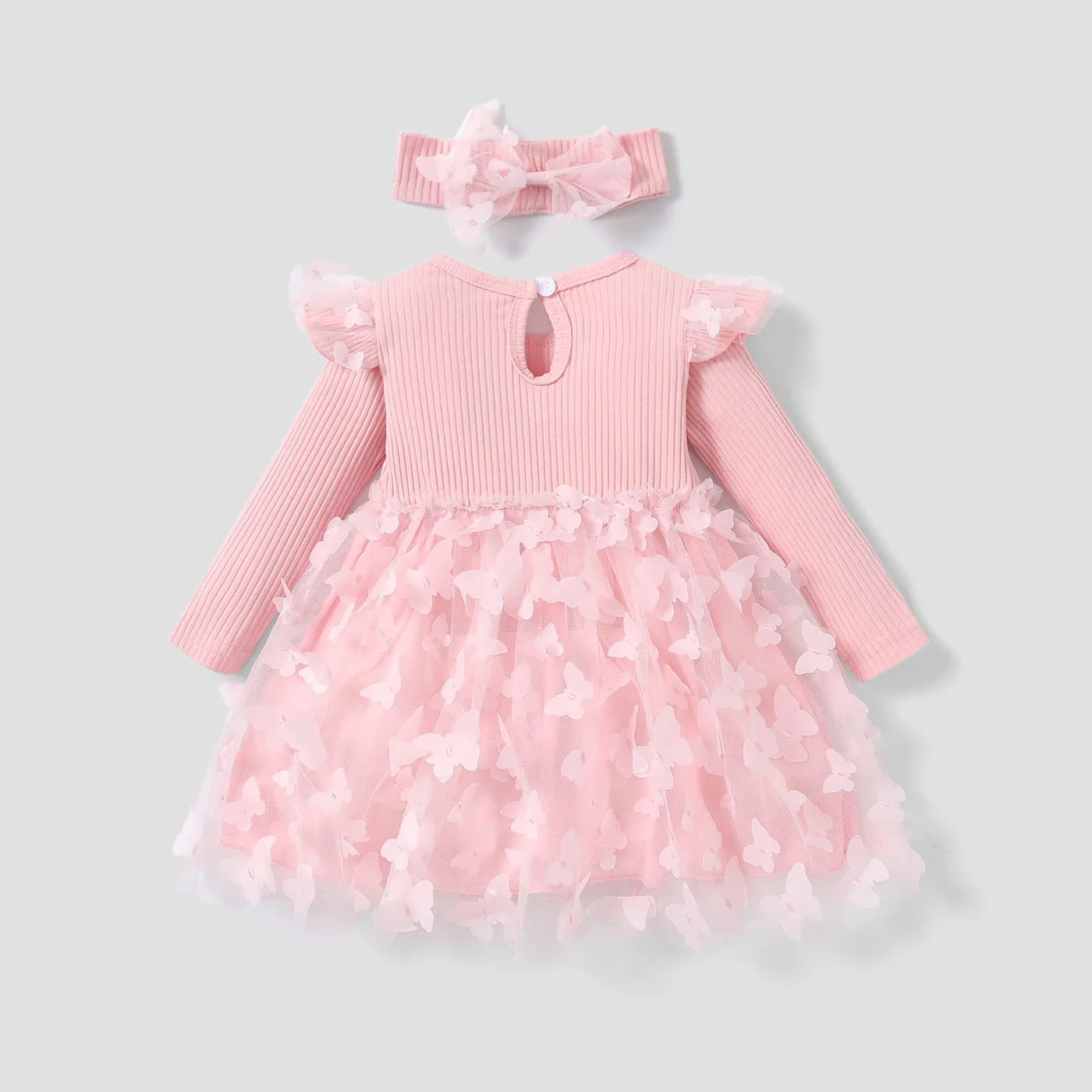 2pcs Baby Girl 95% Cotton Ribbed Long-sleeve Splicing 3D Butterfly Appliques Mesh Fairy Dress with Headband Set  image 2
