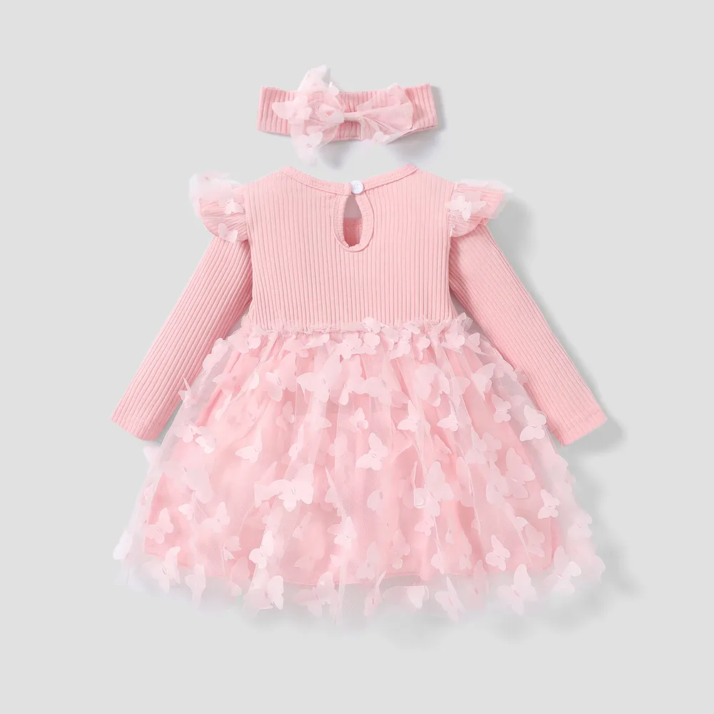 2pcs Baby Girl 95% Cotton Ribbed Long-sleeve Splicing 3D Butterfly Appliques Mesh Fairy Dress with Headband Set  big image 2
