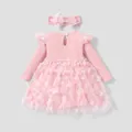 2pcs Baby Girl 95% Cotton Ribbed Long-sleeve Splicing 3D Butterfly Appliques Mesh Fairy Dress with Headband Set  image 2