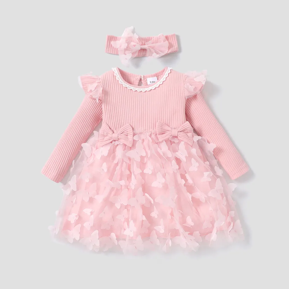 2pcs Baby Girl 95% Cotton Ribbed Long-sleeve Splicing 3D Butterfly Appliques Mesh Fairy Dress with Headband Set  big image 1