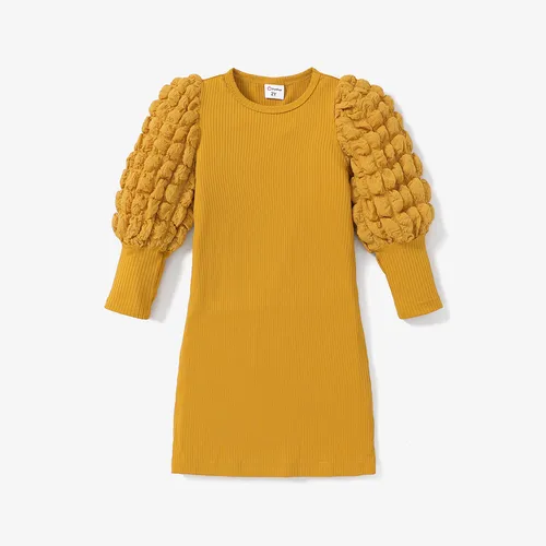 Toddler Girl Textured Ribbed Long Puff-sleeve Dress (Belt is not included)