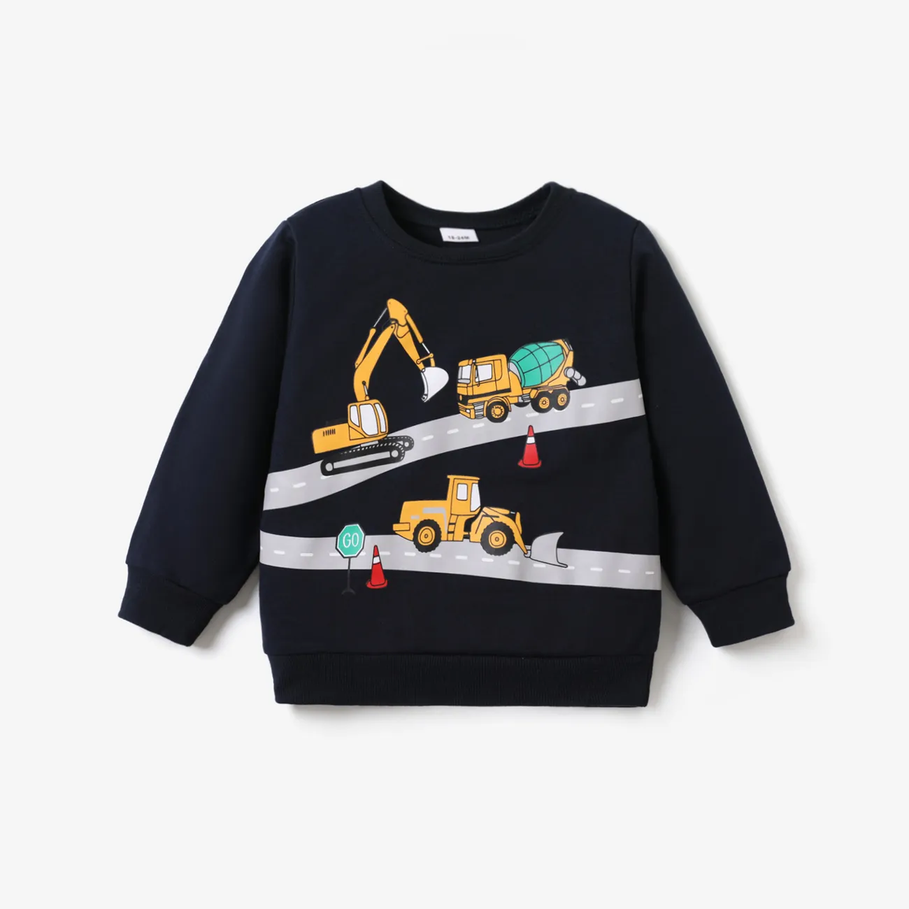 Toddler Boy 100% Cotton Vehicle Excavator Print Casual Pullover Sweatshirt Dark Blue big image 1