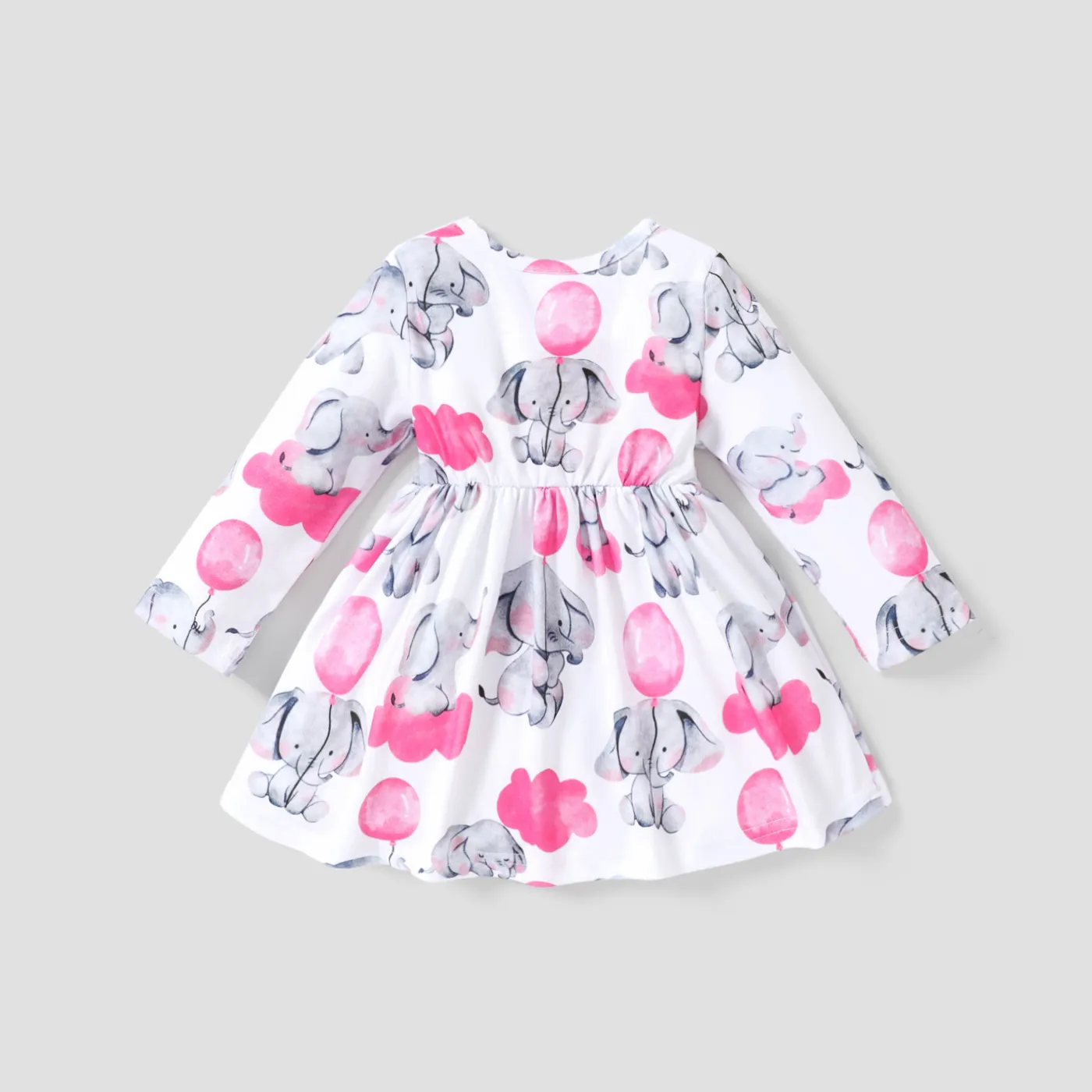 Baby Girl All Over Cartoon Elephant and Pink Balloon Print Long-sleeve Dress  image 2