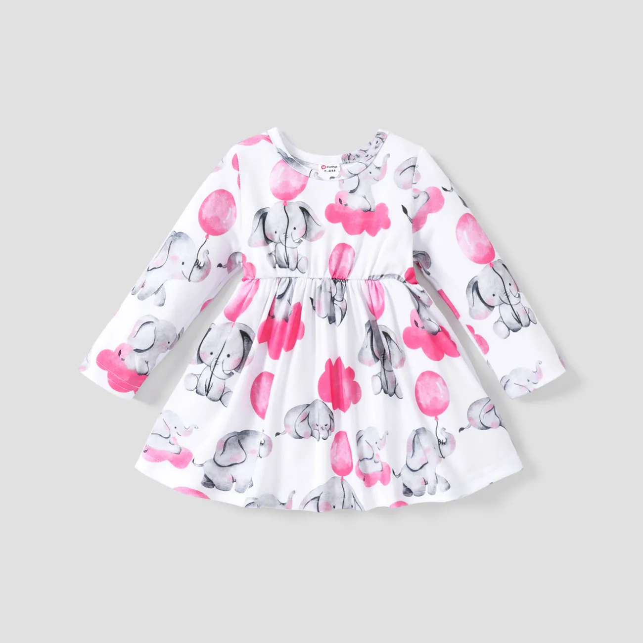 Baby Girl All Over Cartoon Elephant and Pink Balloon Print Long-sleeve Dress big image 1