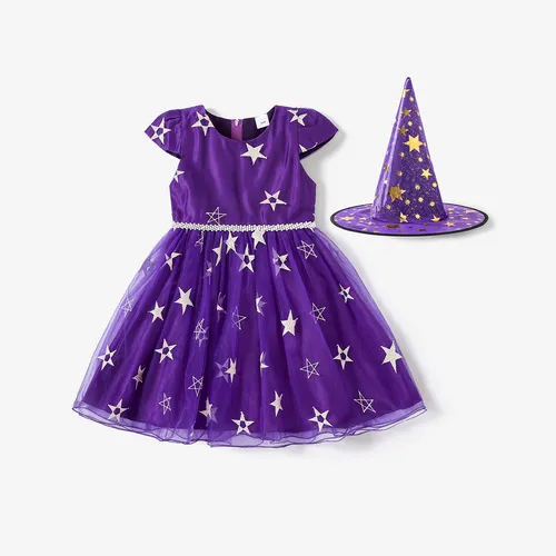 2pcs Toddler Girl Halloween Star Pattern Mesh Dress and Hat Set 