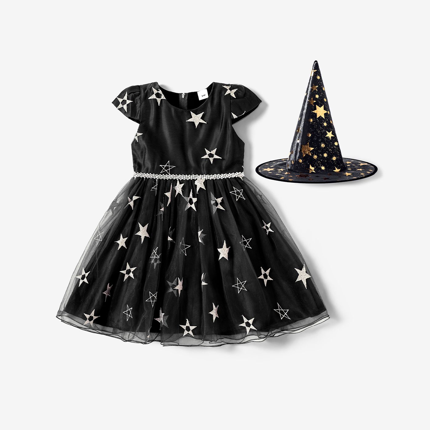 2pcs Toddler Girl Halloween Star Pattern Mesh Dress And Hat Set
