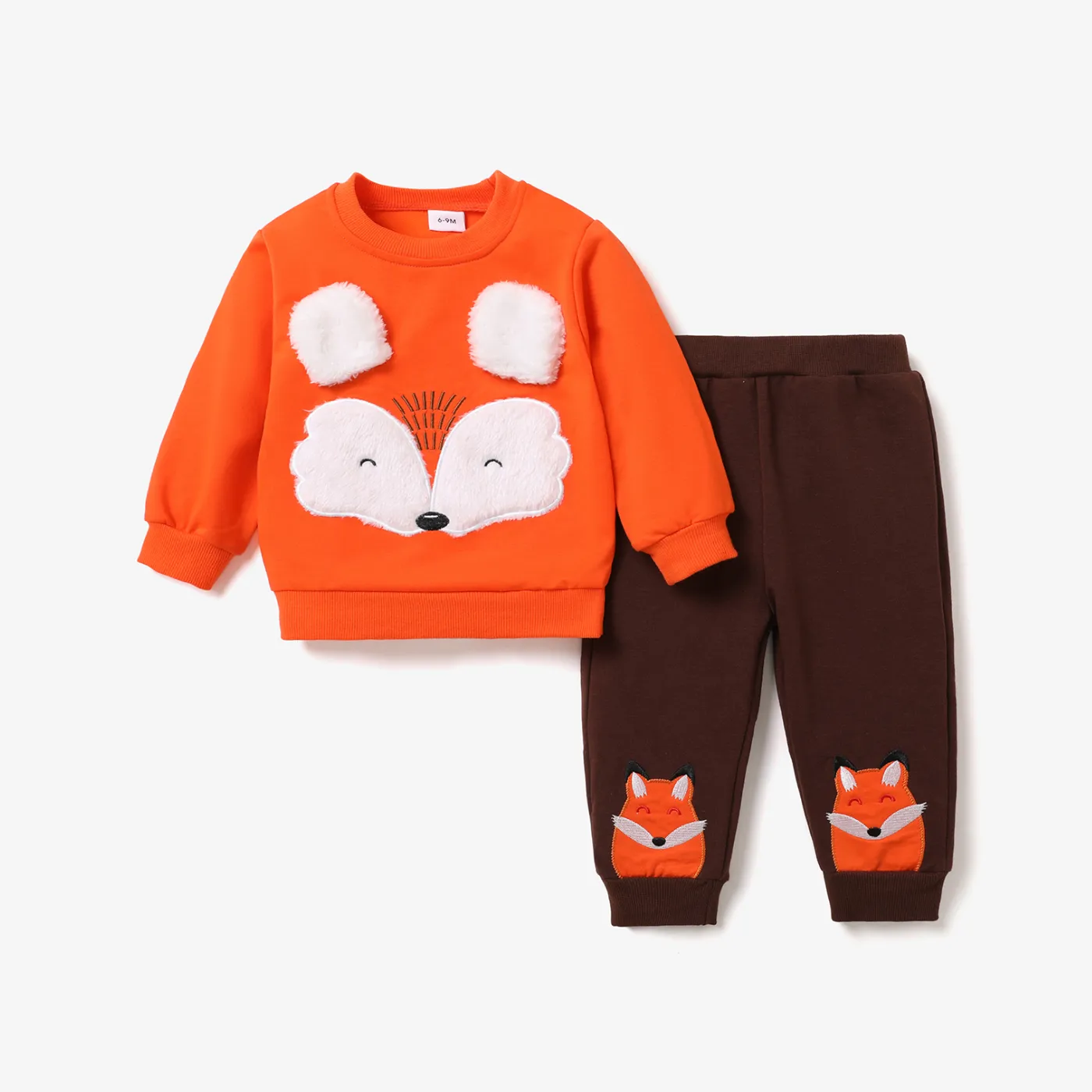 2 件裝男嬰卡通狐狸圖案橙色長袖運動衫和褲子套裝