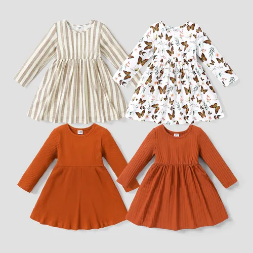 Baby Girl Ribbed Brown/White/Striped Long-sleeve Dress