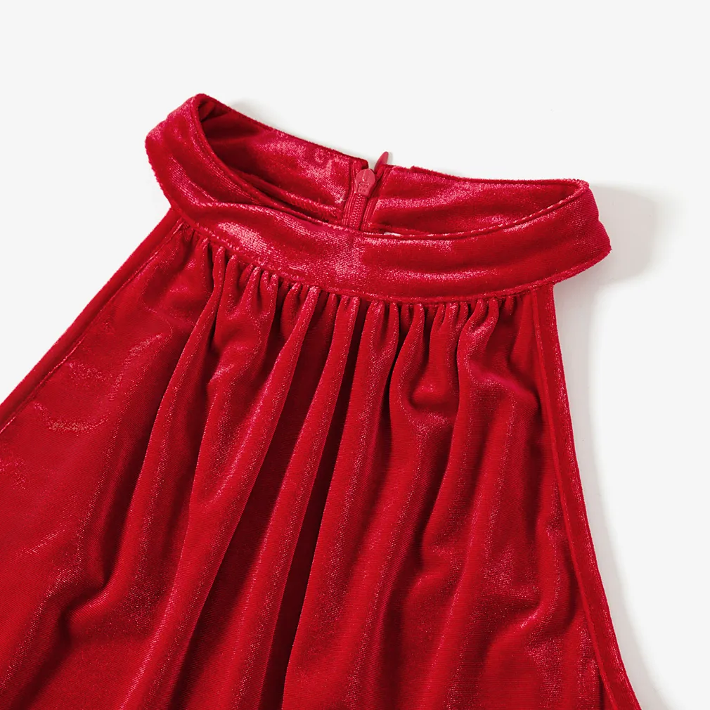 Mommy and Me Halter Neck Red Velet Dresses  image 6