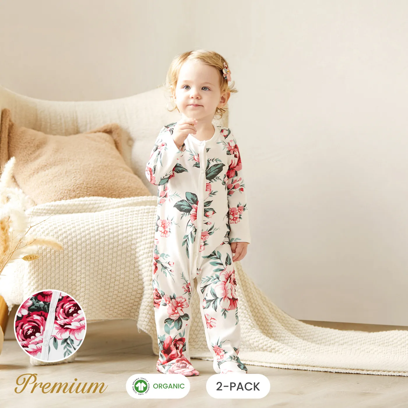 2pcs Organic Cotton Set Sweet Floral Jumpsuit for Baby Girls Pink image 2