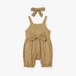 100% Cotton 2pcs Baby Girl Solid Floral Embroidered Sleeveless Spaghetti Strap Bowknot Jumpsuit with Headband Set Ginger