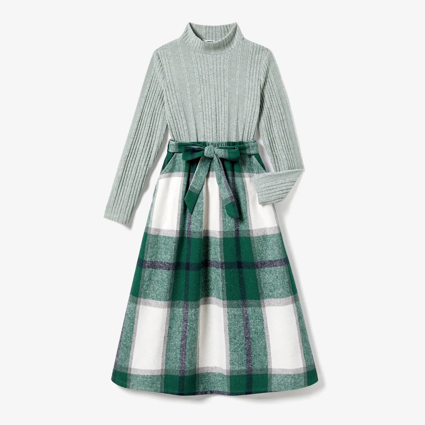 

Family Matching Long-sleeve Knit Color-block Tops and Mock-neck Plaid Woolen Fabric Splicing Belted Dresses Sets