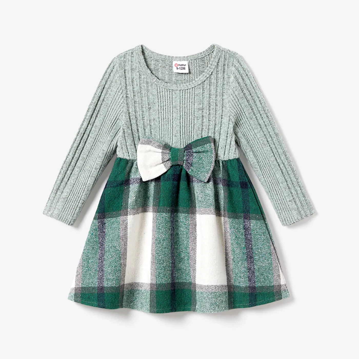 Family Matching Long-sleeve Knit Color-block Tops And Mock-neck Plaid Woolen Fabric Splicing Belted Dresses Sets