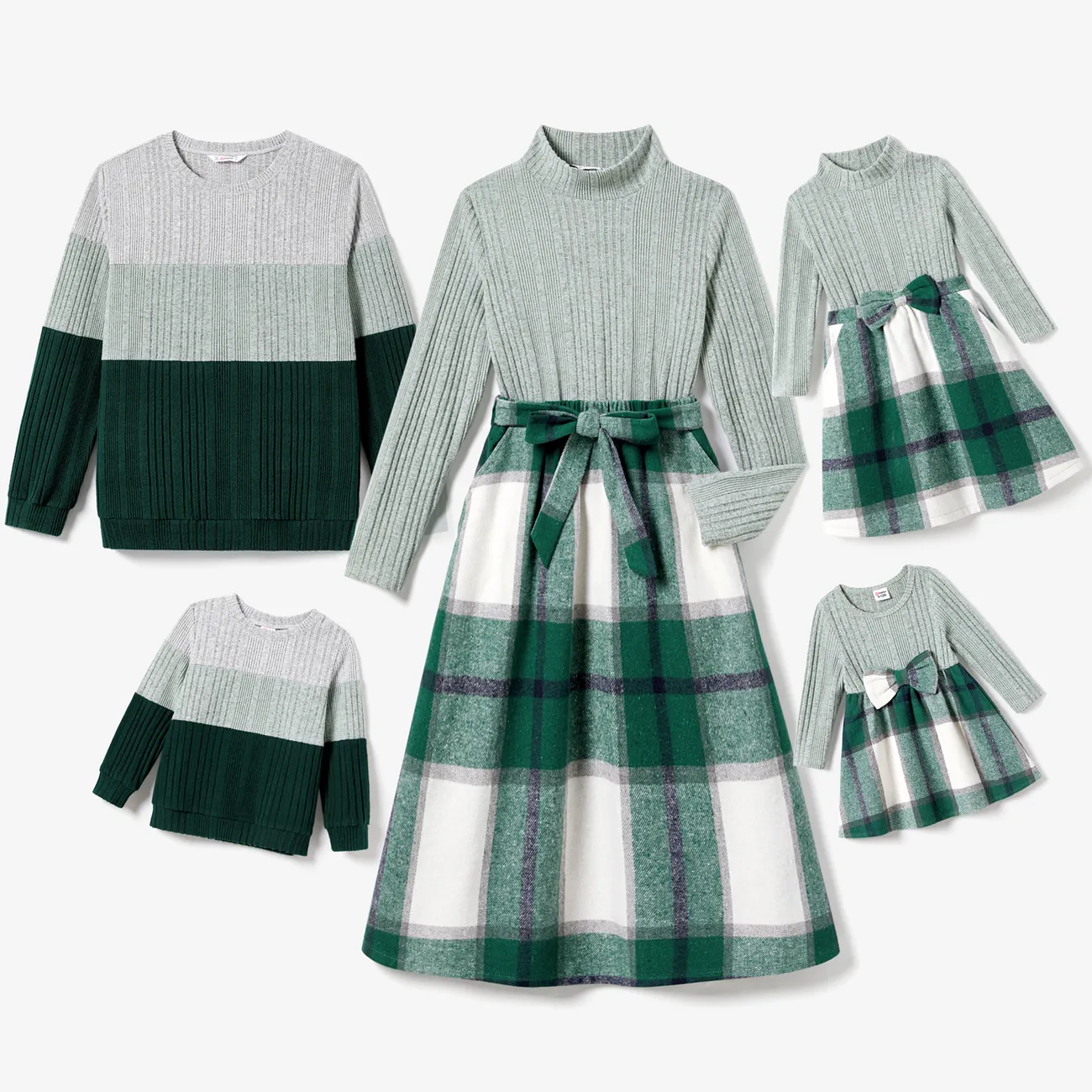 Family Matching Long-sleeve Knit Color-block Tops and Mock-neck Plaid Woolen Fabric Splicing Belted Dresses Sets Green big image 1