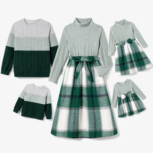 Family Matching Long-sleeve Knit Color-block Tops and Mock-neck Plaid Woolen Fabric Splicing Belted Dresses Sets