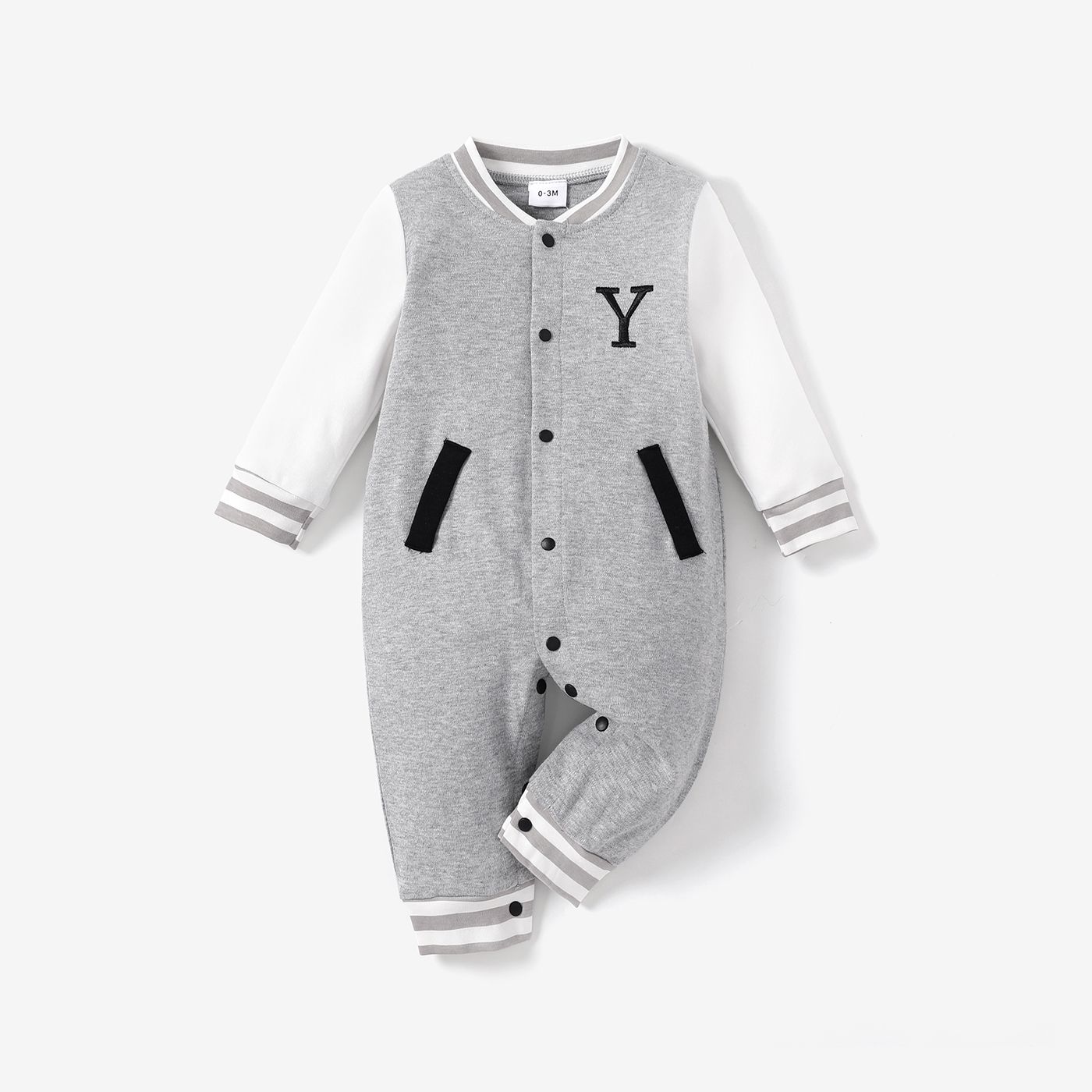 100% Cotton Baby Boy/Girl Letter Embroidered Spliced Long-sleeve Sporty Jumpsuit