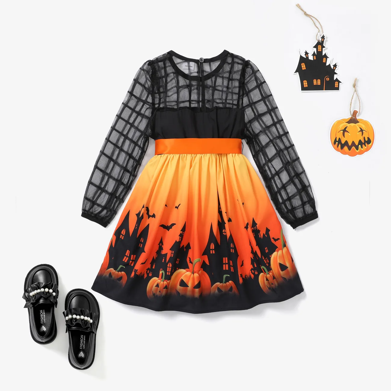 2PCS Kid Girl  Fabric Stitching Halloween Dress Set Black big image 1
