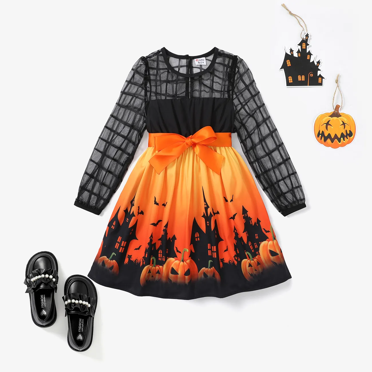 2PCS Kid Girl  Fabric Stitching Halloween Dress Set  big image 1