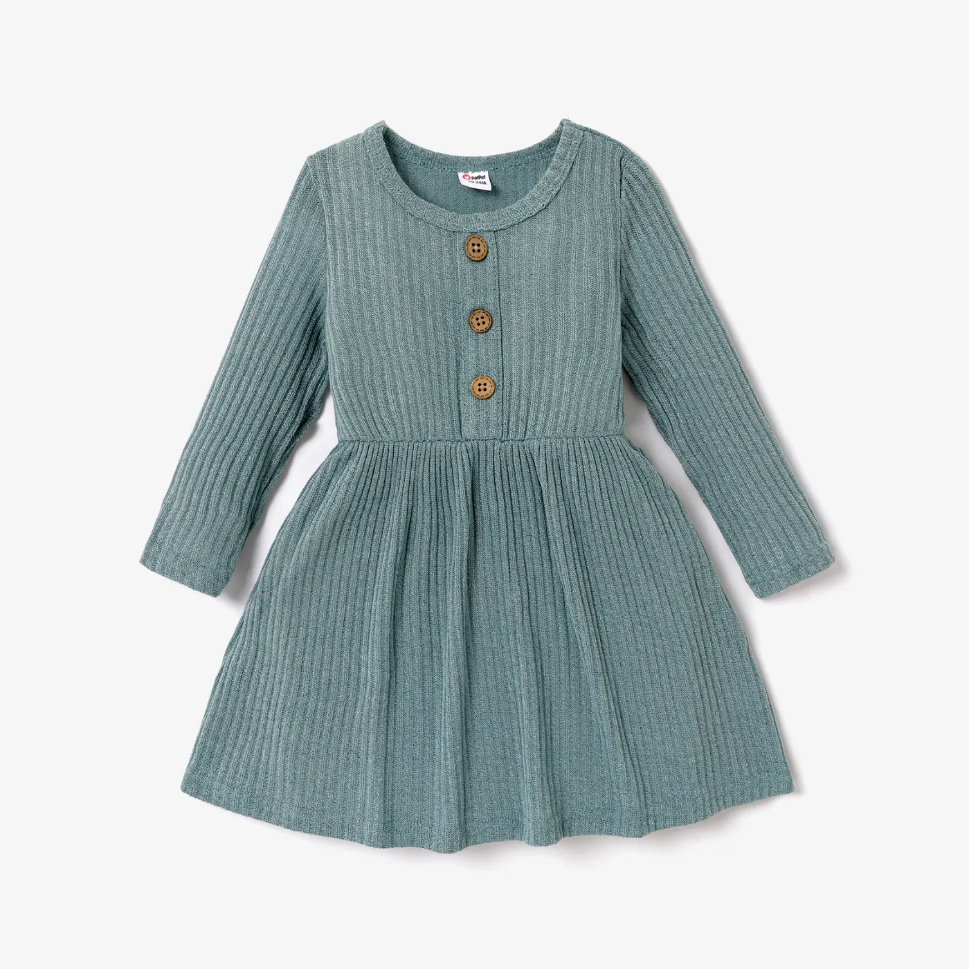 Toddler Girl Solid Color Button Design Ribbed Long-sleeve Dress