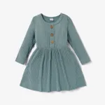 Toddler Girl Solid Color Button Design Ribbed Long-sleeve Dress Green