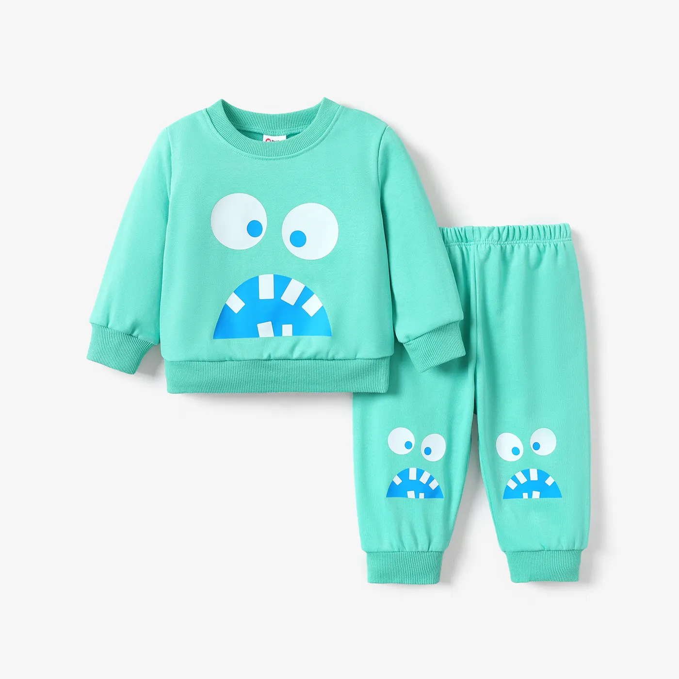 2pcs Baby Boy Childlike Expression Pattern Long Sleeve Set