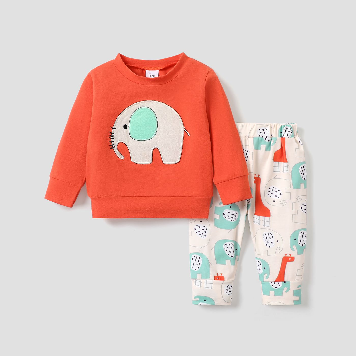 2pcs Baby Cartoon Elephant Pattern Long-sleeve Cotton Pullover And Trousers Set