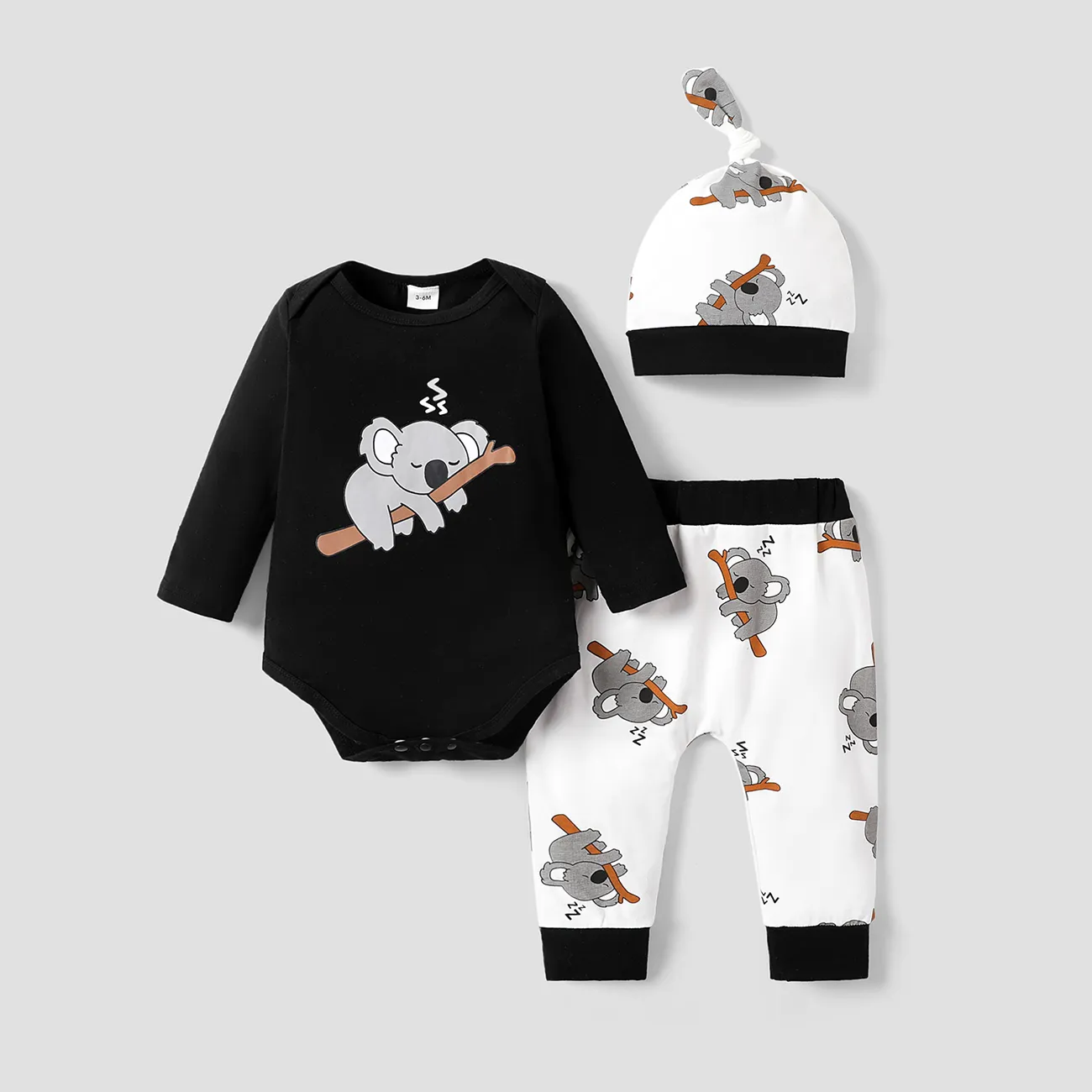3pcs Baby Boy/Girl 95% Cotton Long-sleeve Koala Print Romper and Pants with Hat Set  big image 1