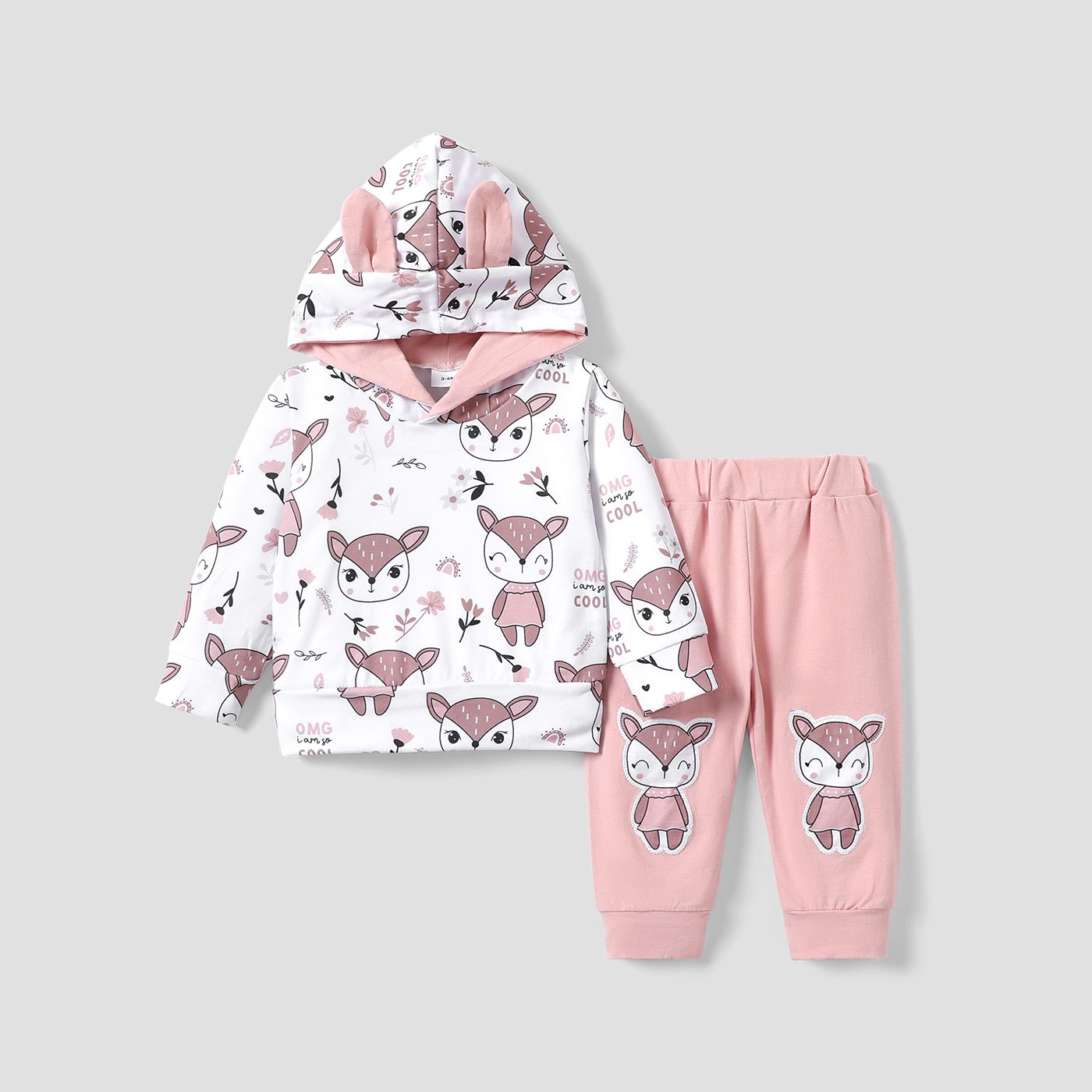 2pcs Baby Girl 95% Cotton Animal Print Sweatpants And Long-sleeve Hoodie Set