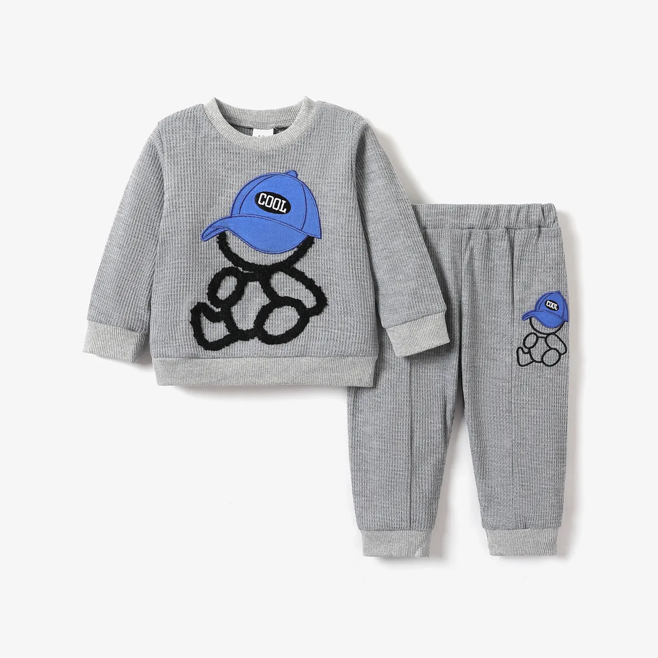 2pcs Baby Boy Waffle Bear Embroidery Long-sleeve Top and Pants Set Grey big image 1