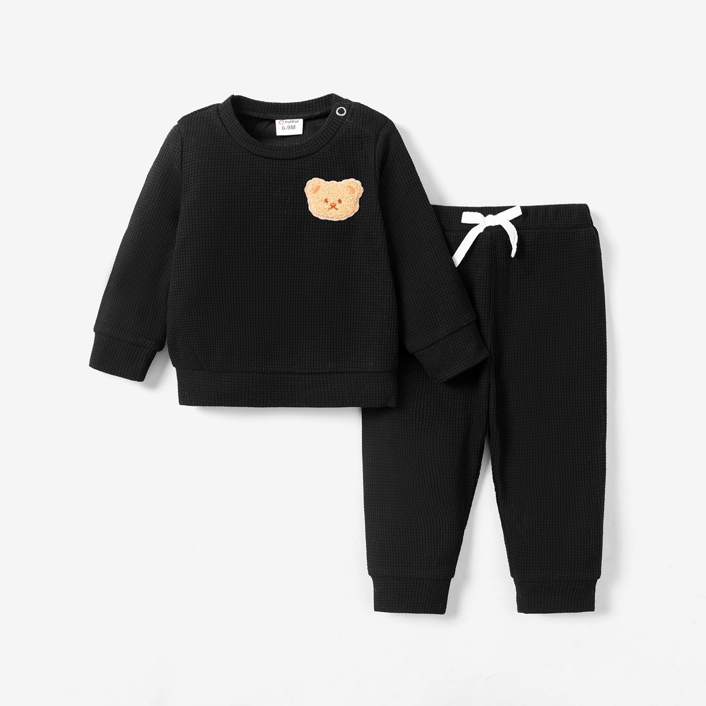2pcs Baby Boy Cartoon Bear Detail Solid Textured Long-sleeve Pullover Sweatshirt And Sweatpants Set
