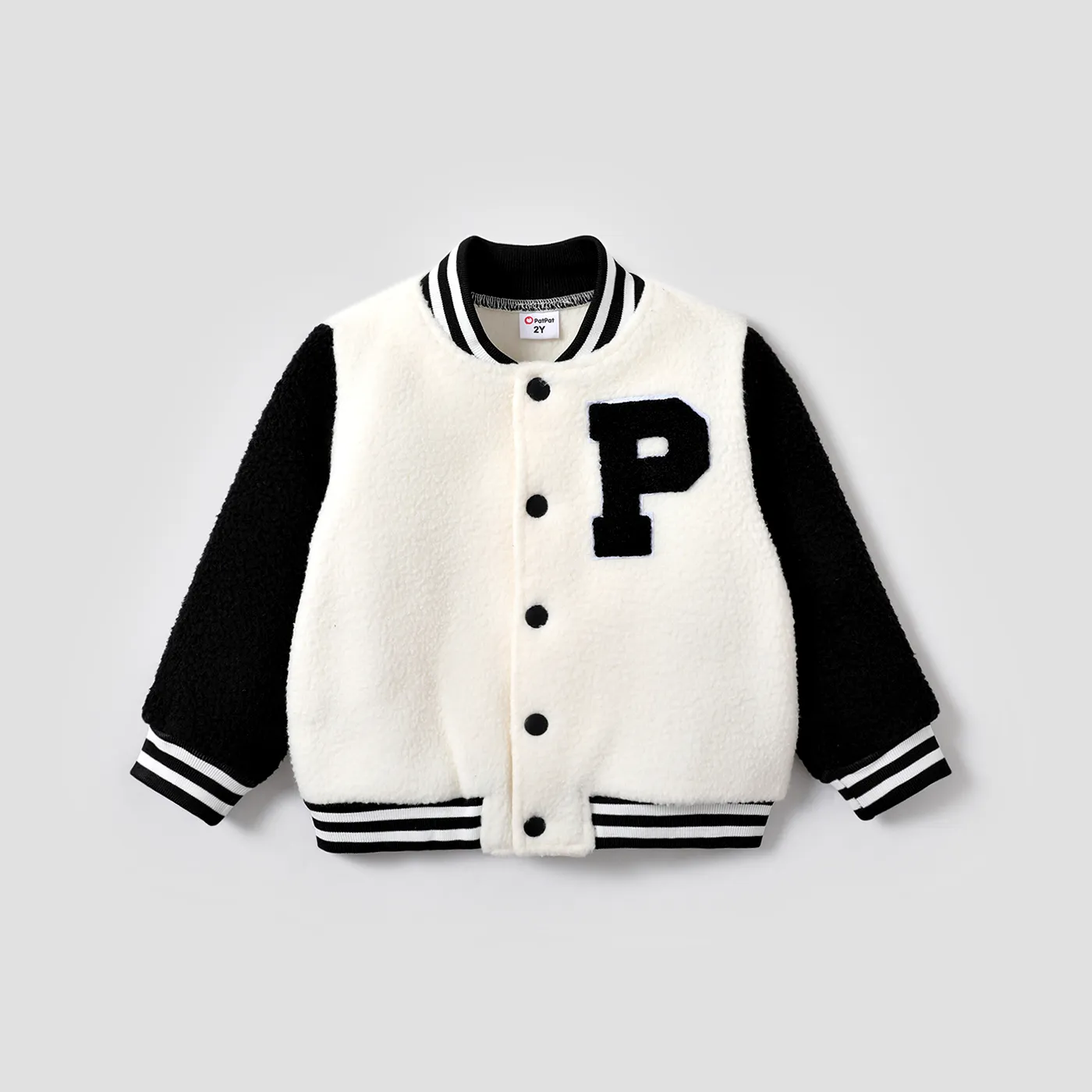 Toddler Boy Letters Colorblock Embroidery Buttons Front Long-sleeve Varsity Warm Coat/Jacket