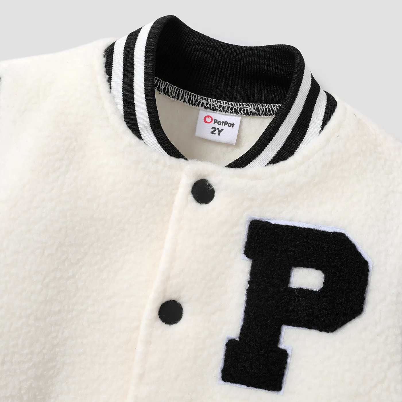 Toddler Boy Letters Colorblock Embroidery Buttons Front Long-sleeve Varsity Warm Coat/Jacket White image 4
