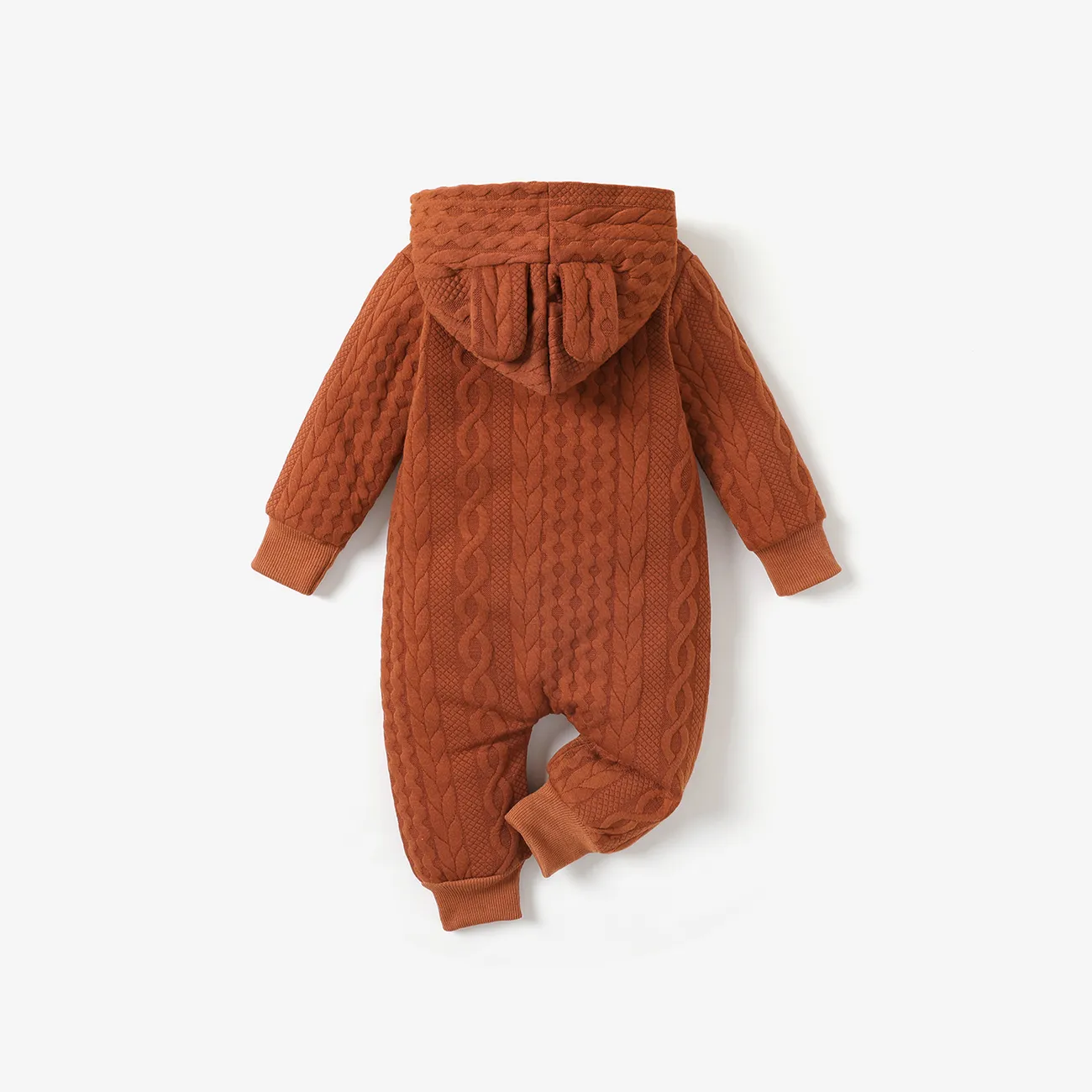 Solid Knitted Hooded Long-sleeve Pink Baby Jumpsuit Brown big image 1
