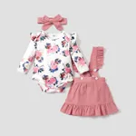 3pcs Floral Print Ruffle Decor Long-sleeve Baby Set Pink