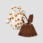 3pcs Floral Print Ruffle Decor Long-sleeve Baby Set Brown