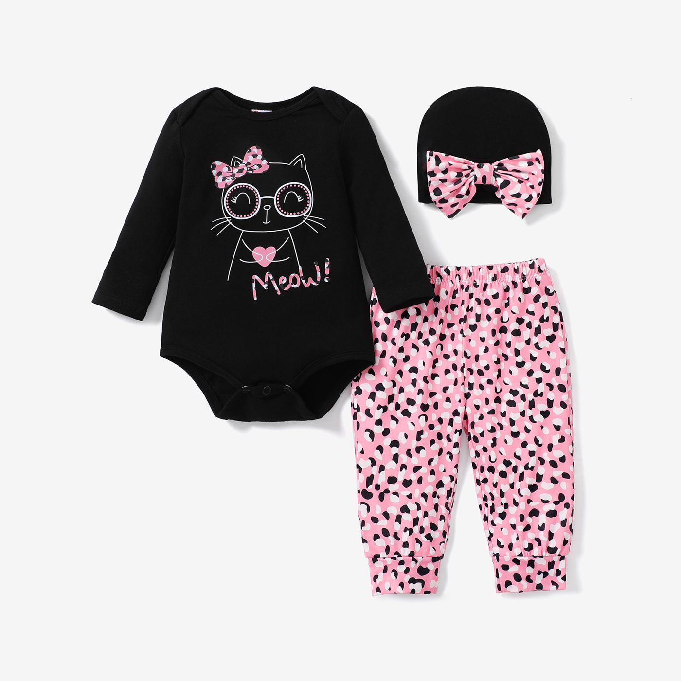 

3pcs Baby Girl Cat Pattern Butterfly Bow Hat Set