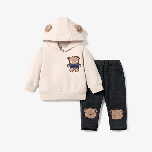 Conjunto de pantalón y sudadera con capucha de manga larga con patrón de oso de dibujos animados de bebé de 2 piezas