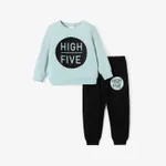 2-piece Toddler Boy/Girl Letter Print Pullover and Black Pants Set Turquoise