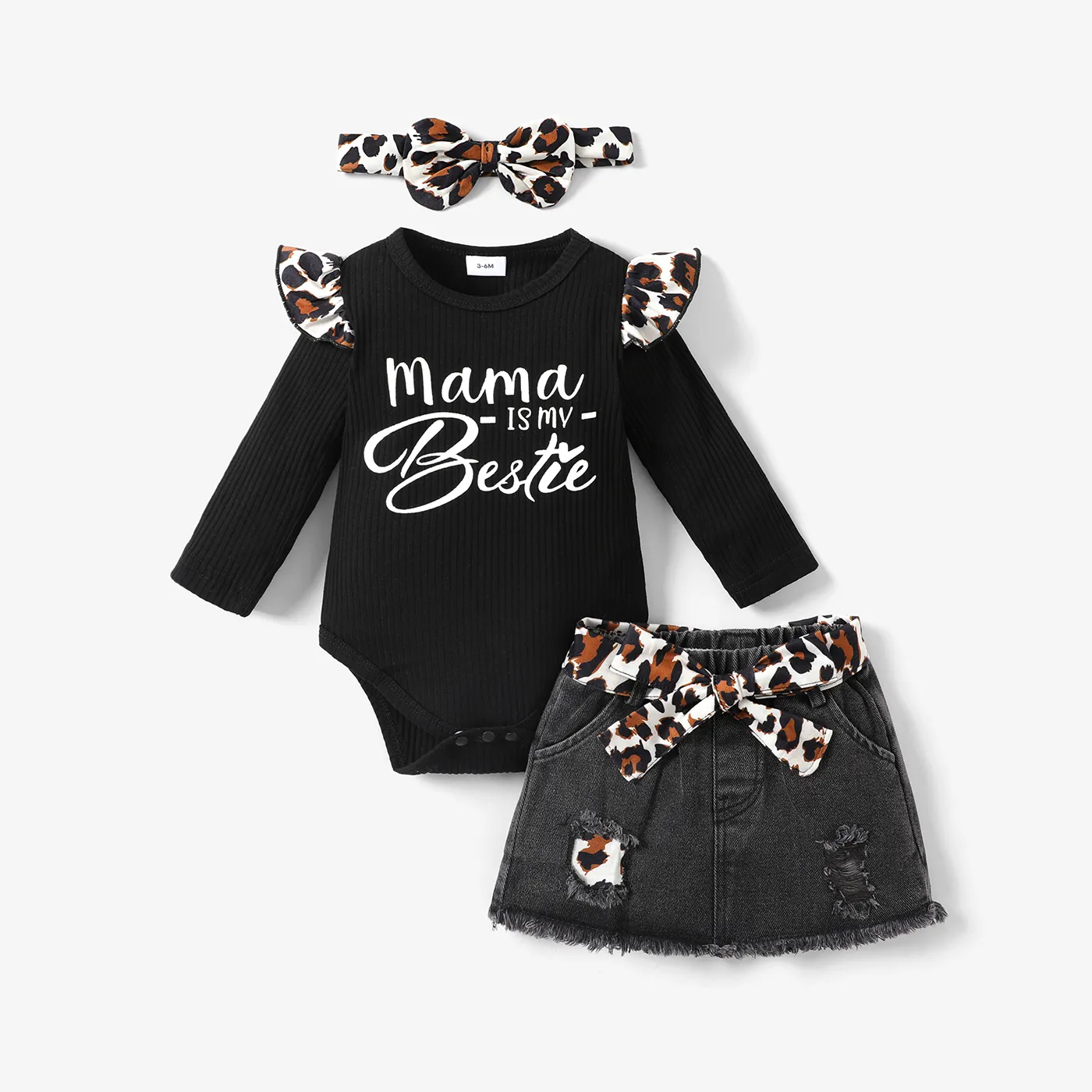 3pcs Baby Girl 100% Cotton Leopard Print Belted Ripped Denim Skirt And Letter Print Rib Knit Long-sleeve Romper With Headband Set