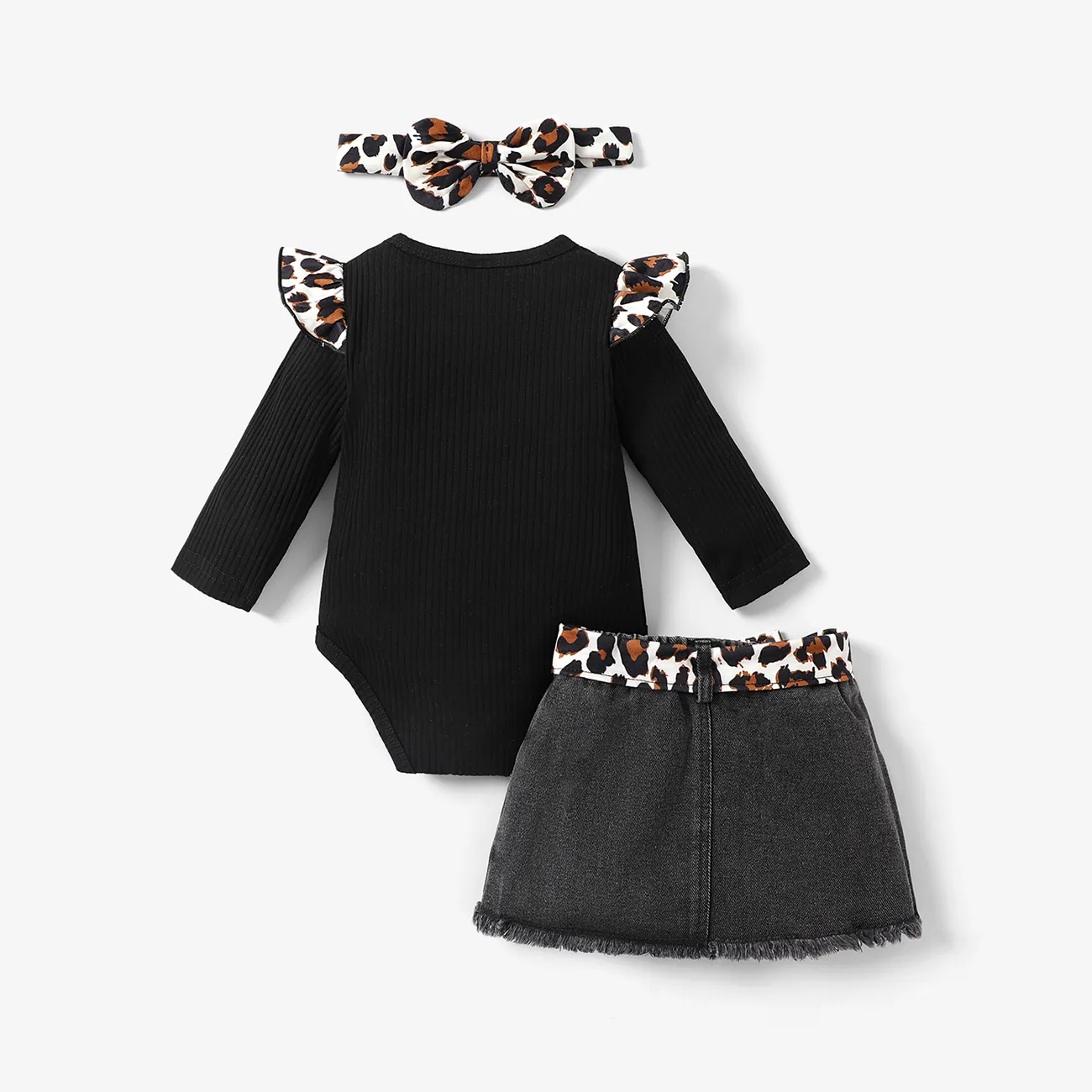 3pcs Baby Girl 100% Cotton Leopard Print Belted Ripped Denim Skirt and Letter Print Rib Knit Long-sleeve Romper with Headband Set Black big image 1