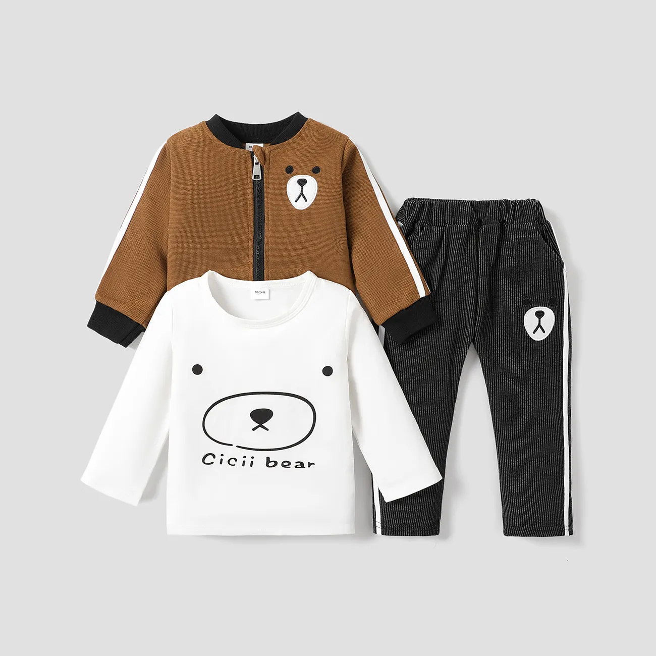 3-piece Toddler Boy Letter Bear Print White Long-sleeve T-shirt, Bomber Jacket and Elasticized Pants Set Khaki big image 1