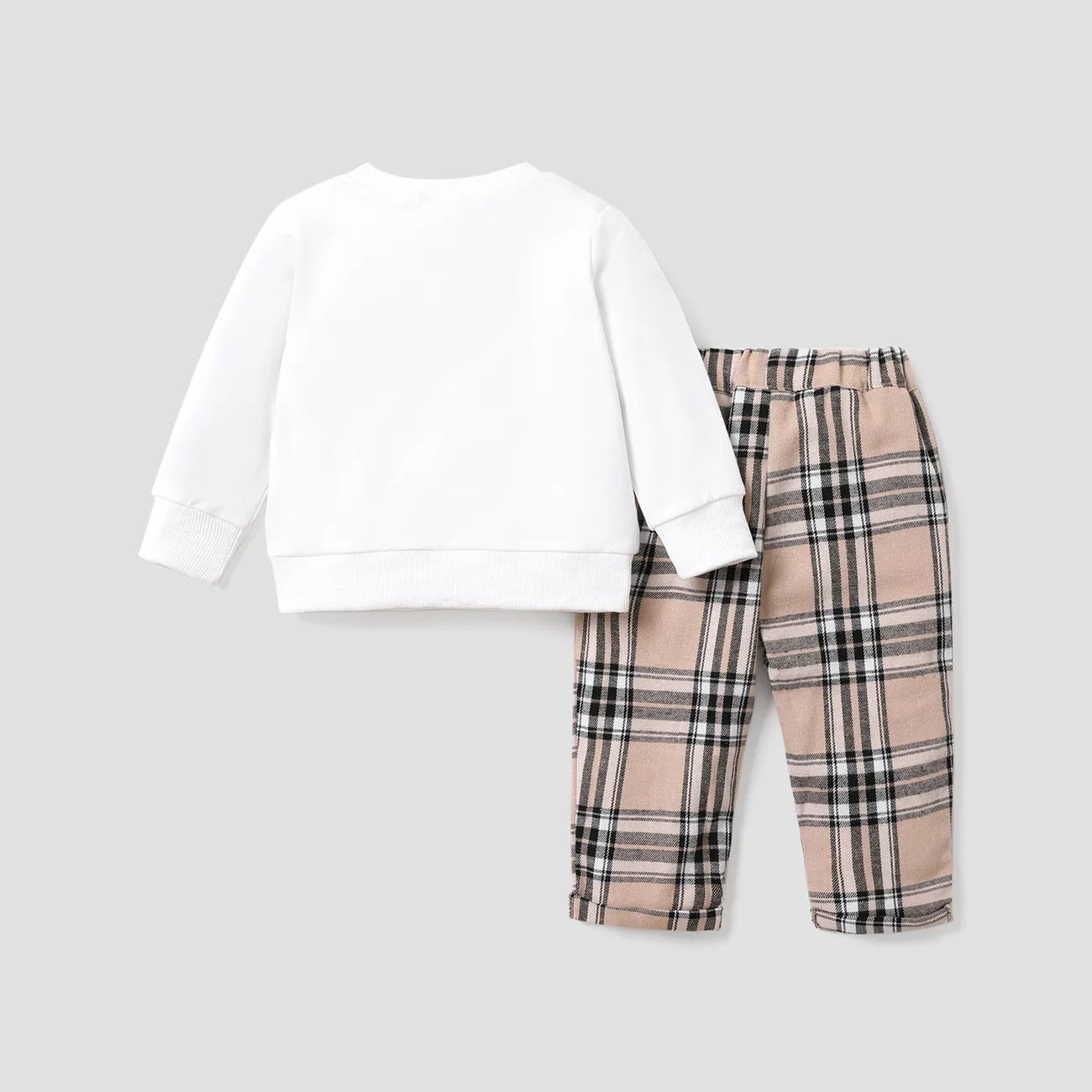 2pcs Baby Boy/Girl Long-sleeve Sweatshirt and Plaid Sweatpants Set White big image 1