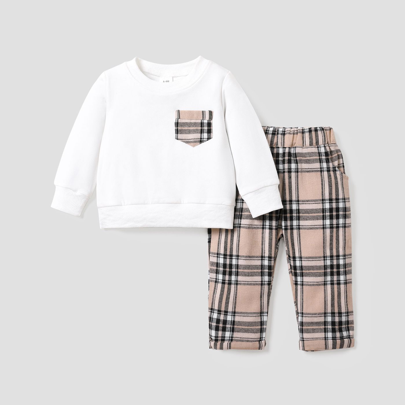 2pcs Baby Boy/Girl Long-sleeve Sweatshirt and Plaid Sweatpants Set