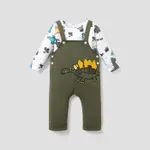 2pcs Baby Boy Allover Dinosaur Print Long-sleeve Tee and Embroidered Overalls Set Green